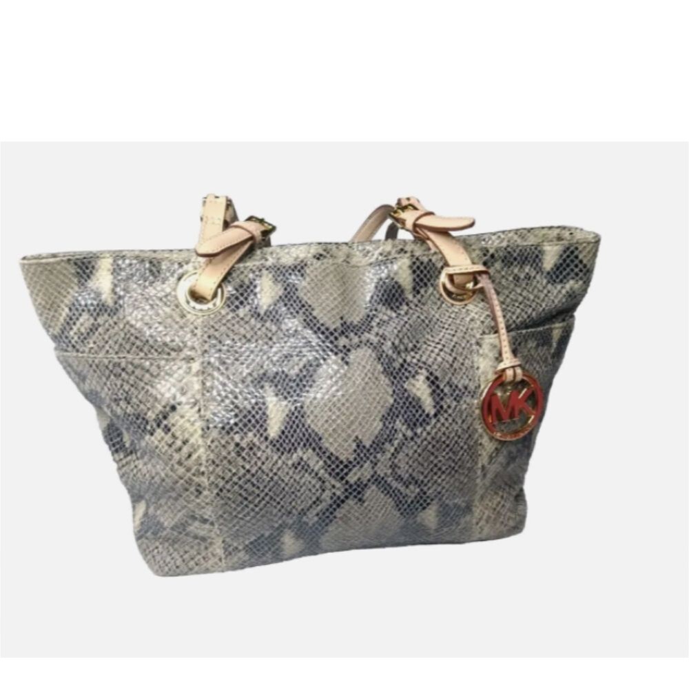 Michael Kors North South Tote Python Embossed Beige~Black Leather Handbag - Picture 4 of 13